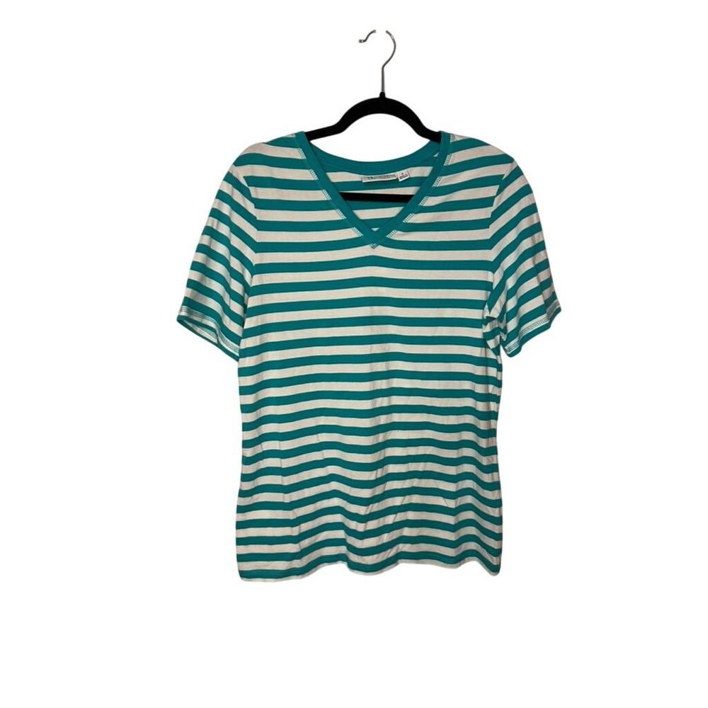 D & Co Womens Striped V Neck Short Sleeve T Shirt Top Size Small Casual